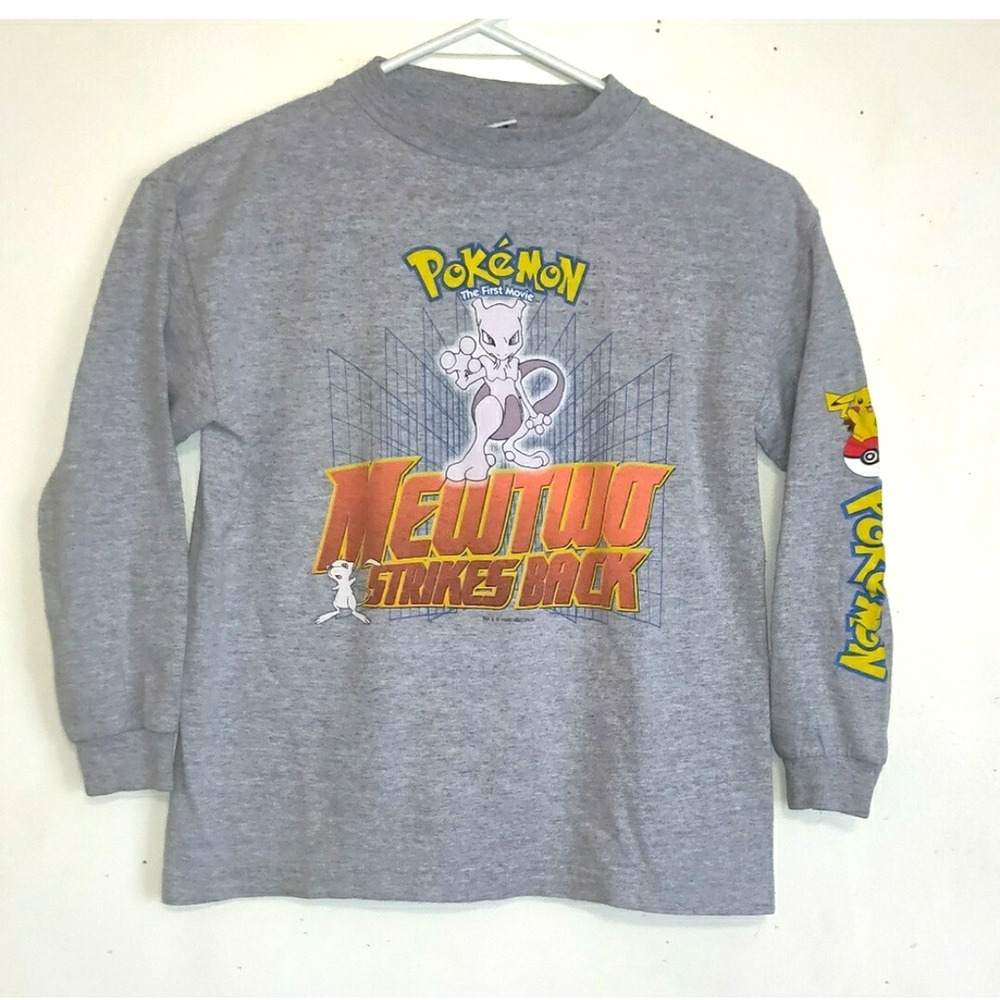 VTG Pokemon MEWTWO Long Sleeve Gray T Shirt Kids L FIRST MOVIE 1999 Nintendo